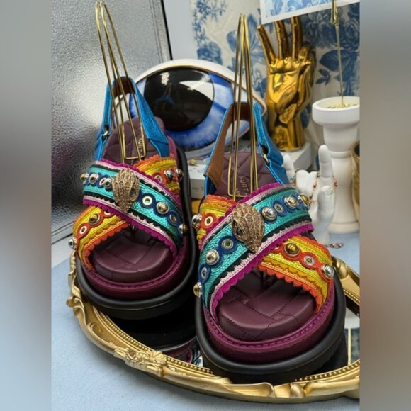 🆕 KURT GEIGER LONDON 🧿 NWOB Orson Cross Scallop Sandal Purple Multi Sz 37 US 7 - Picture 6 of 14